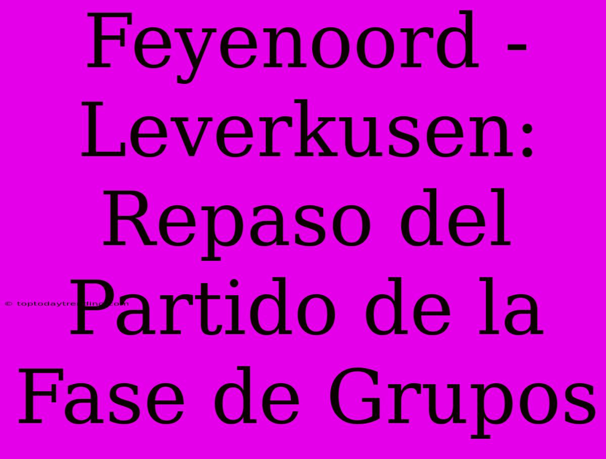 Feyenoord - Leverkusen: Repaso Del Partido De La Fase De Grupos