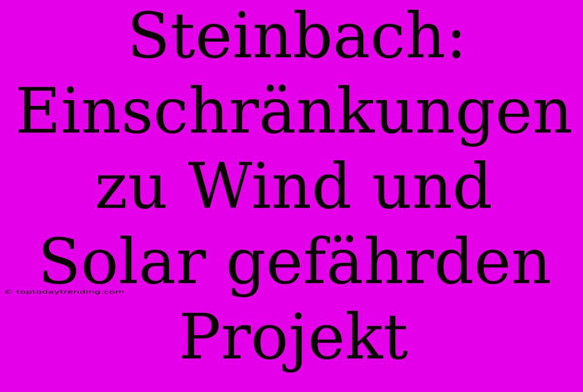 Steinbach: Einschränkungen Zu Wind Und Solar Gefährden Projekt